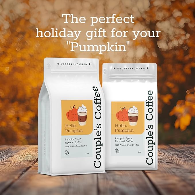 Couple?™s Coffee Ground Coffee | Gives Back to Military Families | Hello Pumpkin | Medium Roast Pumpkin Spice Flavored Coffee | Made with 100% Arabica Beans | 12oz bag brews about 34 cups