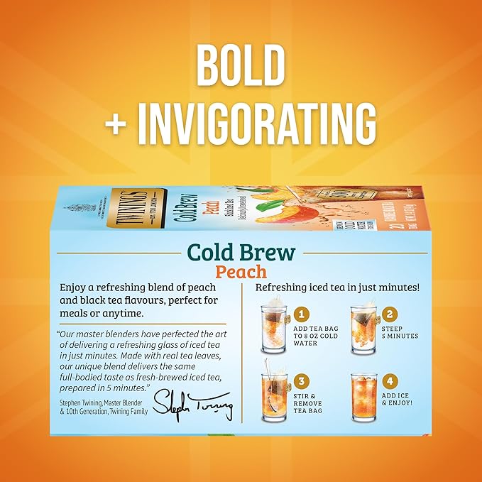 Twinings Peach Cold Brew Iced Tea Bags, 20 Count (Pack of 1), Unsweetened Flavoured Black Tea, Caffeinated, 20 Teabags