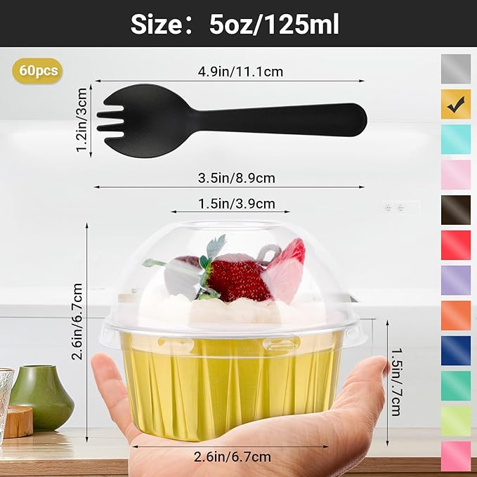 EUSOAR Gold Cupcake Liners and Sporks Disposable, 60pcs 5oz Disposable Aluminum Creme Brulee Muffin Ramekins with Lids，Foil Baking Cups with Lids for Picnic Wedding Birthday Party Family Gathering