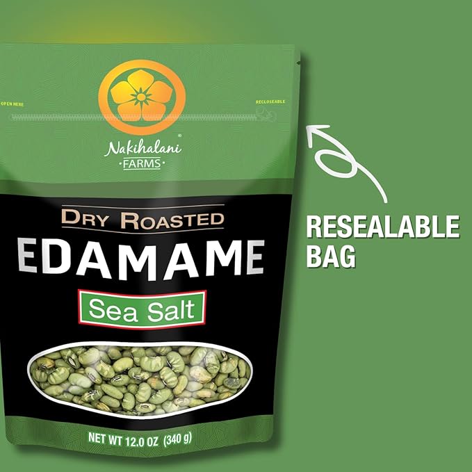 Dry Roasted Edamame Beans Snack by Nakihalani Farm ??Sea Salt (12 oz) Non-GMO Crunchy Soybeans Plant-based High Protein Snack for Adults & Kids Gluten-Free, Nut-Free, Vegan Snack in Resealable Bag
