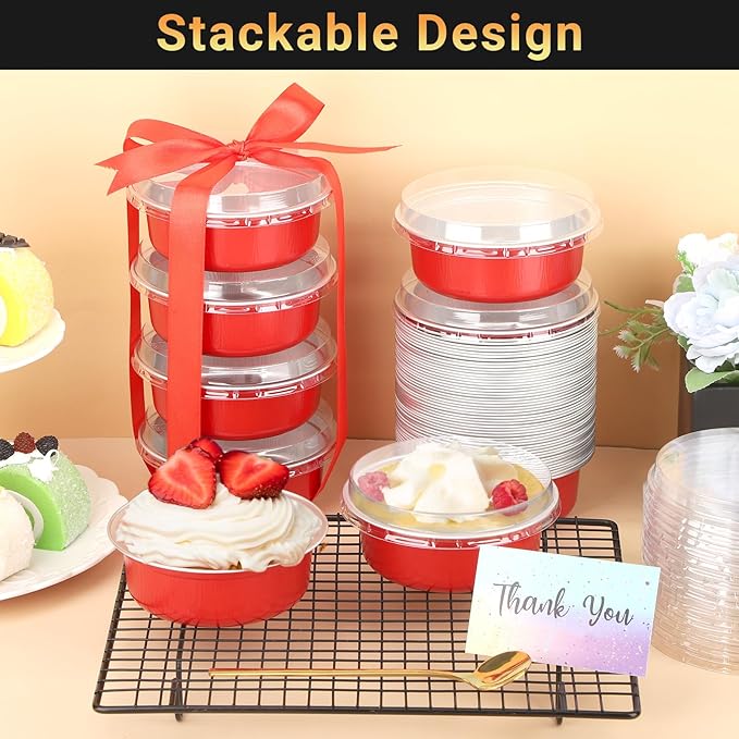 Beasea Disposable Baking Cups With Lids, 50 Pack 8.8oz 260ml Aluminum Foil Ramekins 4 Inch Round Baking Mini Cupcake Oven Cups for Party - Red