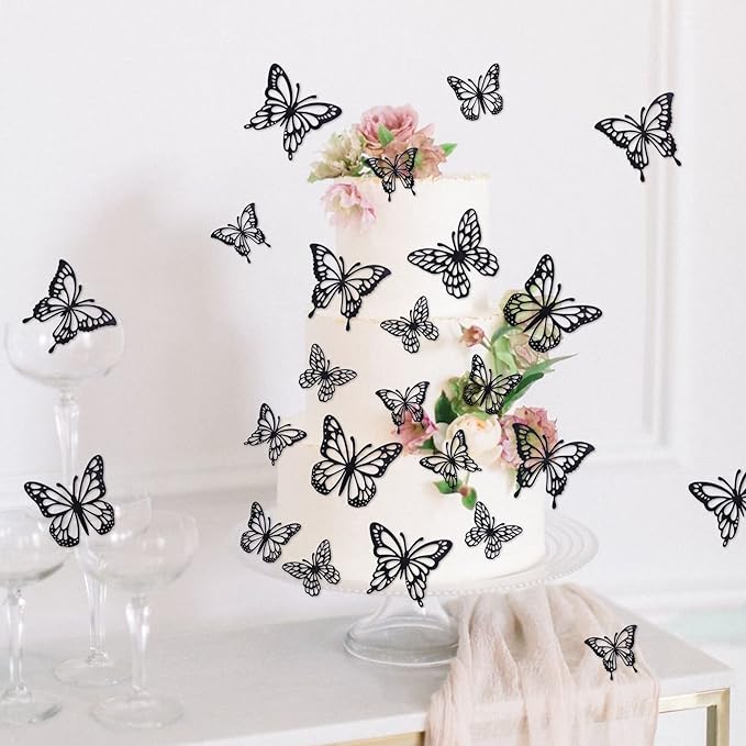 40 PCS Laser 3D Butterfly Cupcake Toppers Hollow Arts Cake Decorations for Baby Shower Wedding Fairy Birthday Party Supplies Wall Sticker Decoration Mixed Styles Black