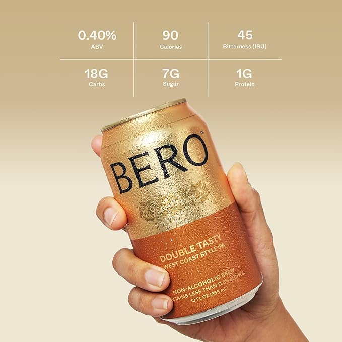BERO Double Tasty West Coast Style IPA Non-Alcoholic Beer, 12-PK Hoppy IPA-Style Craft Brew, NA Beer by Tom Holland, Alcohol-Free Drinks, Bold Hoppy Flavor, Alcohol Alternative Beverages for Any Event