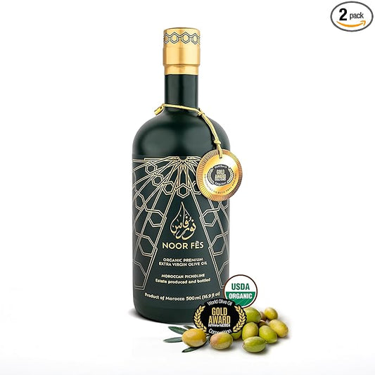 NOOR FÈS USDA Organic | 20+ Awards 584 mg/kg Polyphenol Rich | Premium Extra Virgin Olive Oil | Moroccan Cold Pressed EVOO | Less than 0.15% Acidity | Handpicked Picholine Olives | Pack of 2