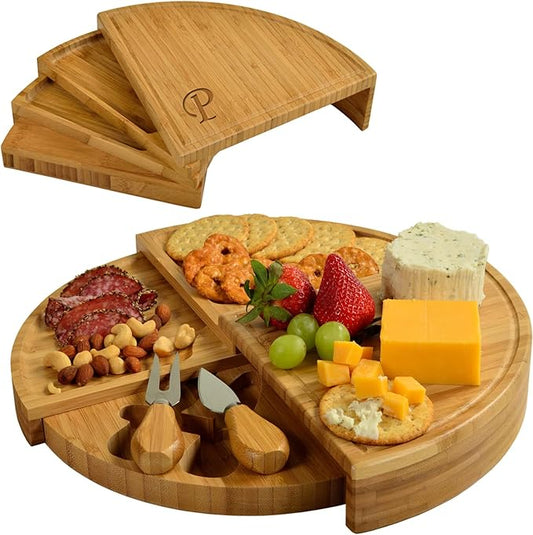 Picnic at Ascot Patented Personalized Monogrammed Engraved Bamboo Cheese/Charcuterie Board with Cheese Knives- Designed & Quality Checked in The USA