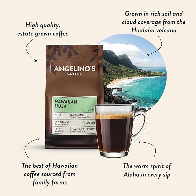 Angelino's Coffee Hawaiian Coffee Ground - Medium Roast Hawaiian Blend with Chocolaty Notes & Floral Undertones, 12oz - Premium Coffee Beans Ground for Freshness