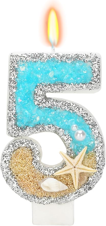 5th Birthday Candle for Cake, Beach Starfish Sequins Candles, 2.76 inch Cake Topper Decoration for Birthday Party (Number 5)