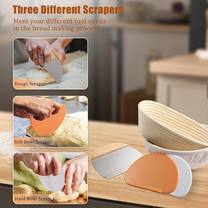 Panny Banneton Basket, Banneton Bread Proofing Basket with Liners, 9" Round & 10" Oval Sourdough Starter Kit, Sourdough Bread Baking Supplies, Bread Making Tools, Natural Rattan Proofing Bowls Baskets
