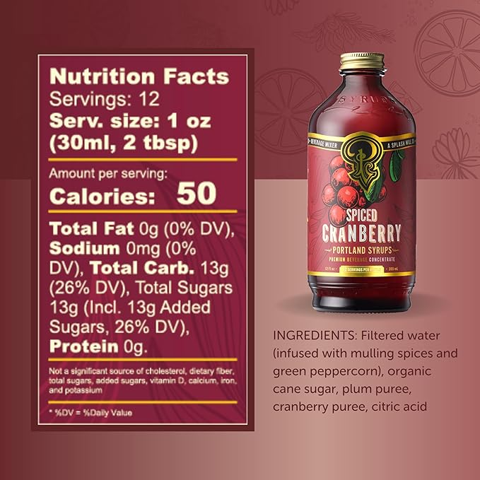 Portland Syrups Spiced Cranberry Syrup - Drink Mixer for Crafting Cocktails, Mocktails, & Seasonal Beverages - Flavor Enhancer for Soda, Punch, and Mulled Drinks - 12 oz Bottle, 24 Servings, Pack of 1