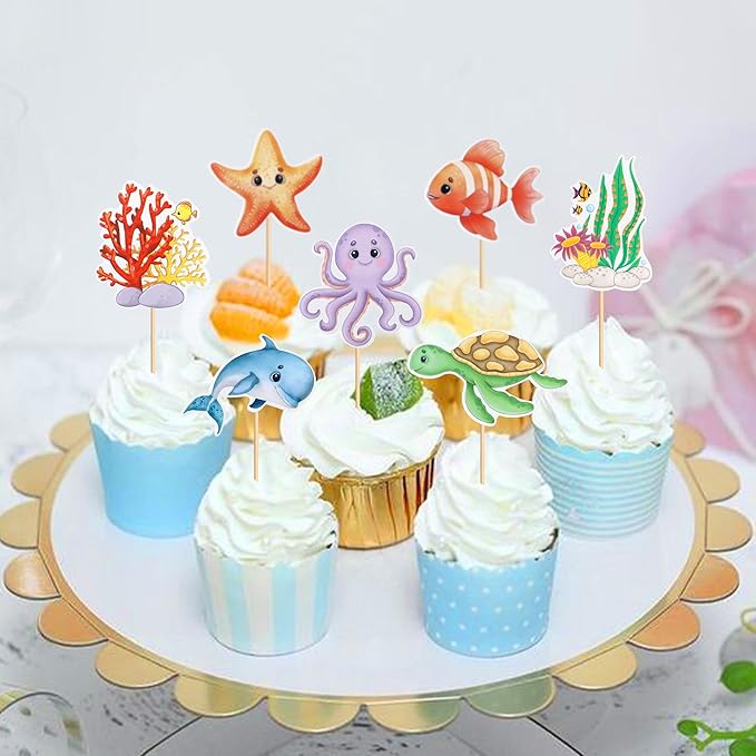18 Pcs Ocean Cupcake Toppers - Ocean Theme Party Decorations Sea Animals Dolphin Whale Turtle Octopu Weaweed Party Cake Picks for Kids Under the Sea Baby Shower Birthday Party Supplies