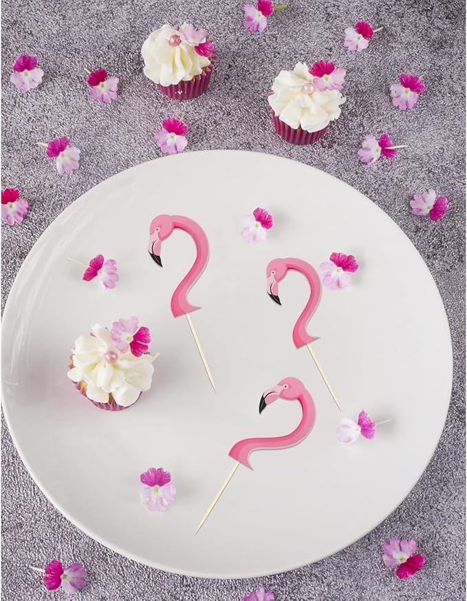 24Pcs Flamingo Cupcake Toppers, Tropical Aloha Cake Decorations for Luau Hawaiian Theme Baby Shower Birthday Party Supplies