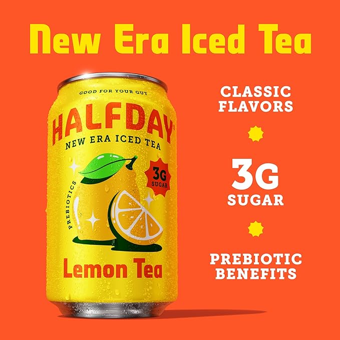 HALFDAY Prebiotic Iced Tea Lemon, Peach, Raspberry and Half & Half Variety Pack, Gut Health, Plant