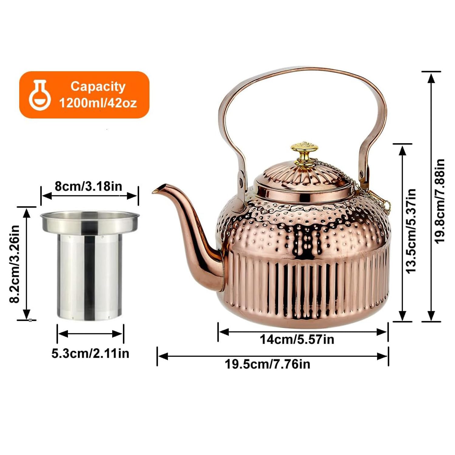 SANQIAHOME Antique 1.4L (45 Oz) Stainless Steel Teapot with Infuser Copper