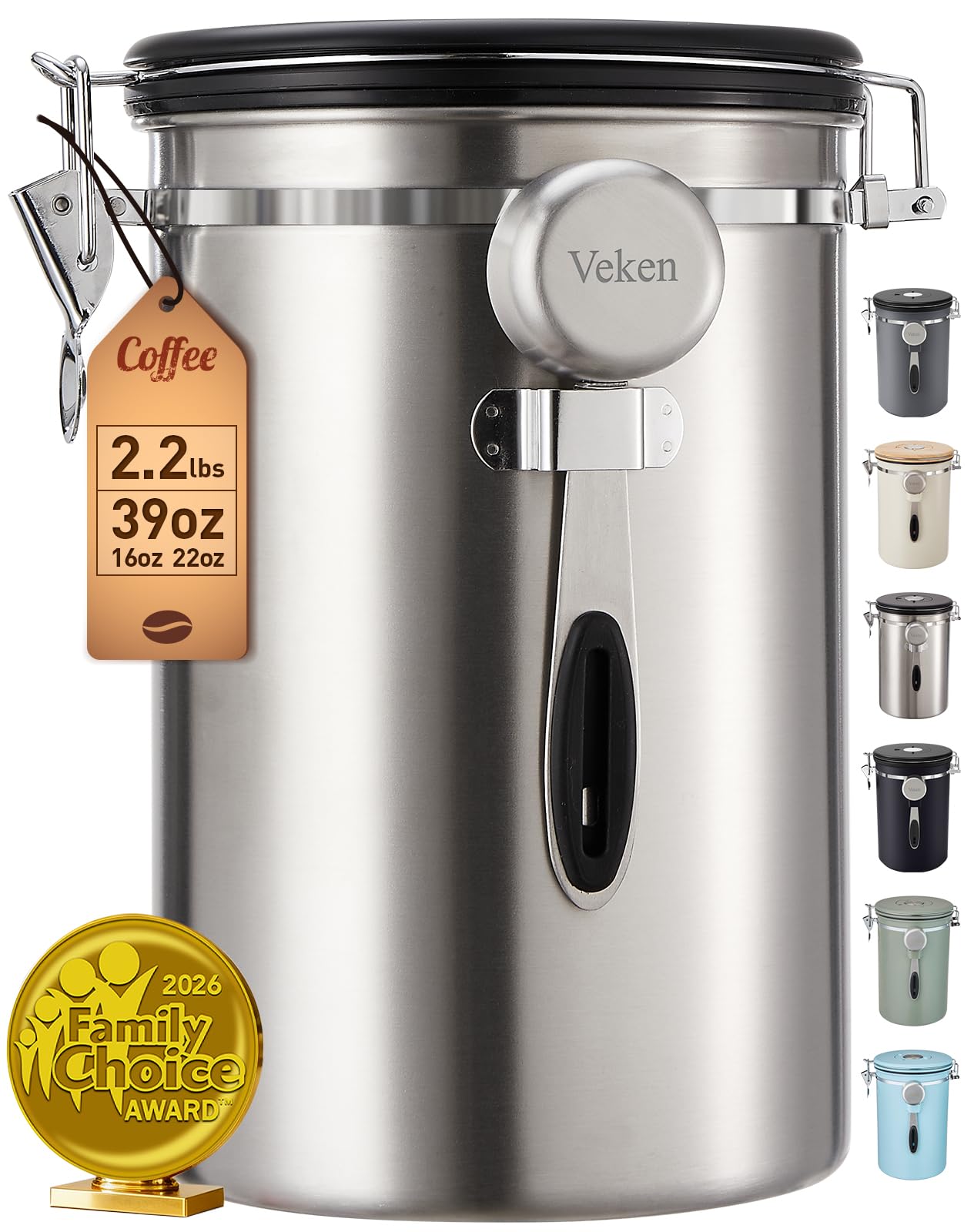 Veken Coffee Canister,39OZ, 2.2lbs,Large Airtight Stainless Steel Container