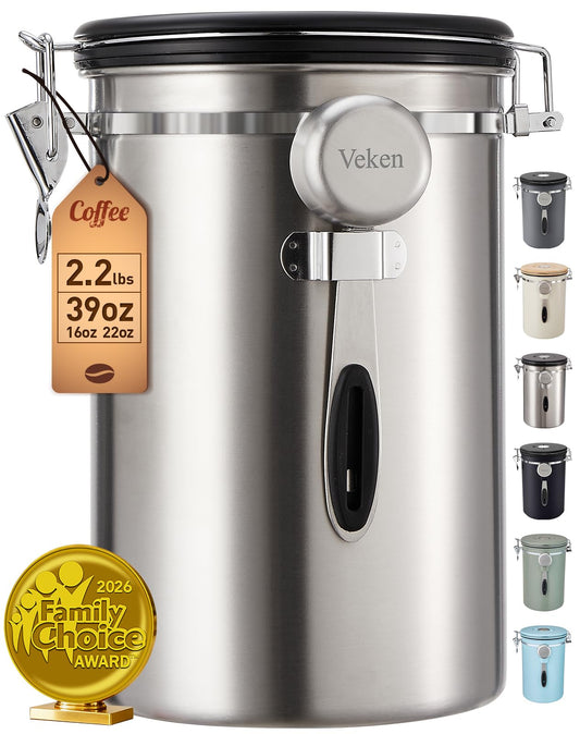 Veken Coffee Canister,39OZ, 2.2lbs,Large Airtight Stainless Steel Container
