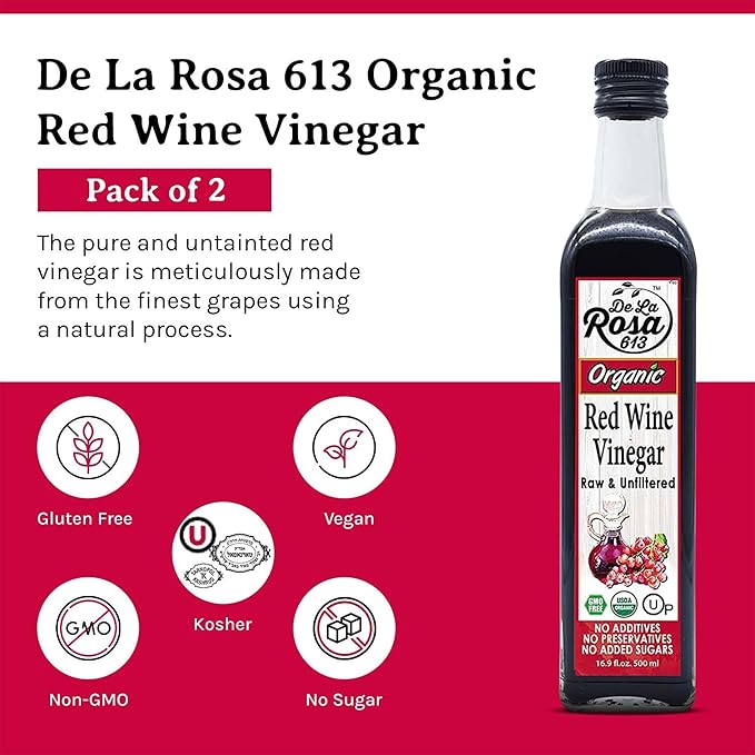 De La Rosa Red Wine Vinegar Organic, Raw & Unfiltered, Kosher for Passover, Vegan, Non-GMO & Gluten Free, Great for Salad Dressings, Marinades & More, Organic Red Wine Vinegar, 16.9 Oz (Pack of 2)