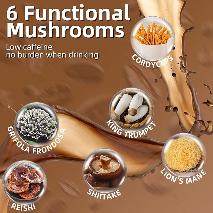 Mushroom Coffee - Instant Coffee Powder with Organic Lion?™s Mane, Reishi, Cordyceps, Turkey Tail, King Trumpet & Shiitake, Energy, Focus, Digestion & Immune Support, 30 Servings