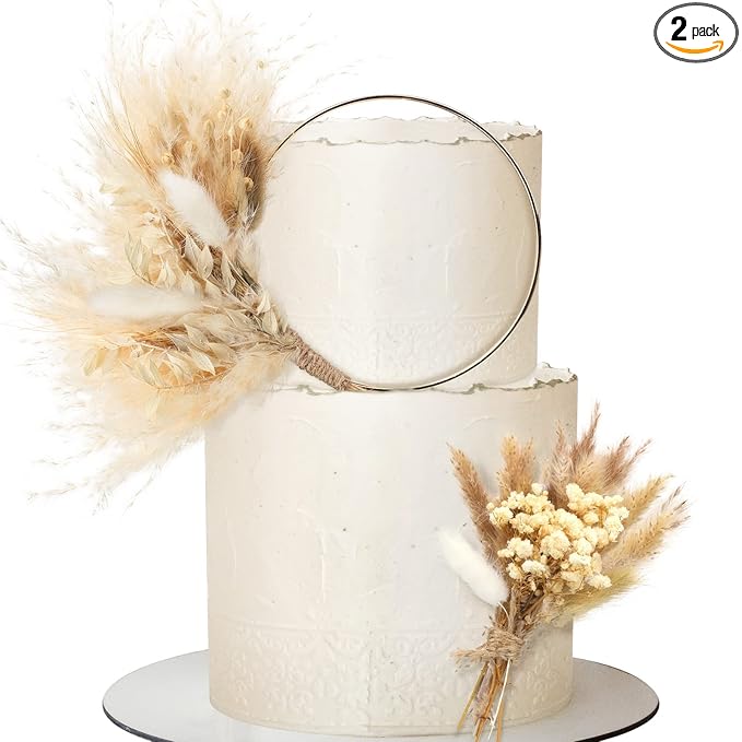 Sinmoe 2 Pcs Boho Cake Topper Decorations Cake Topper Wreath Hoop Decor Various Dried Flower Pampas Grass Decor for Bohemian Birthday Wedding Bridal Party Decorations Supplies (Elegant Style)