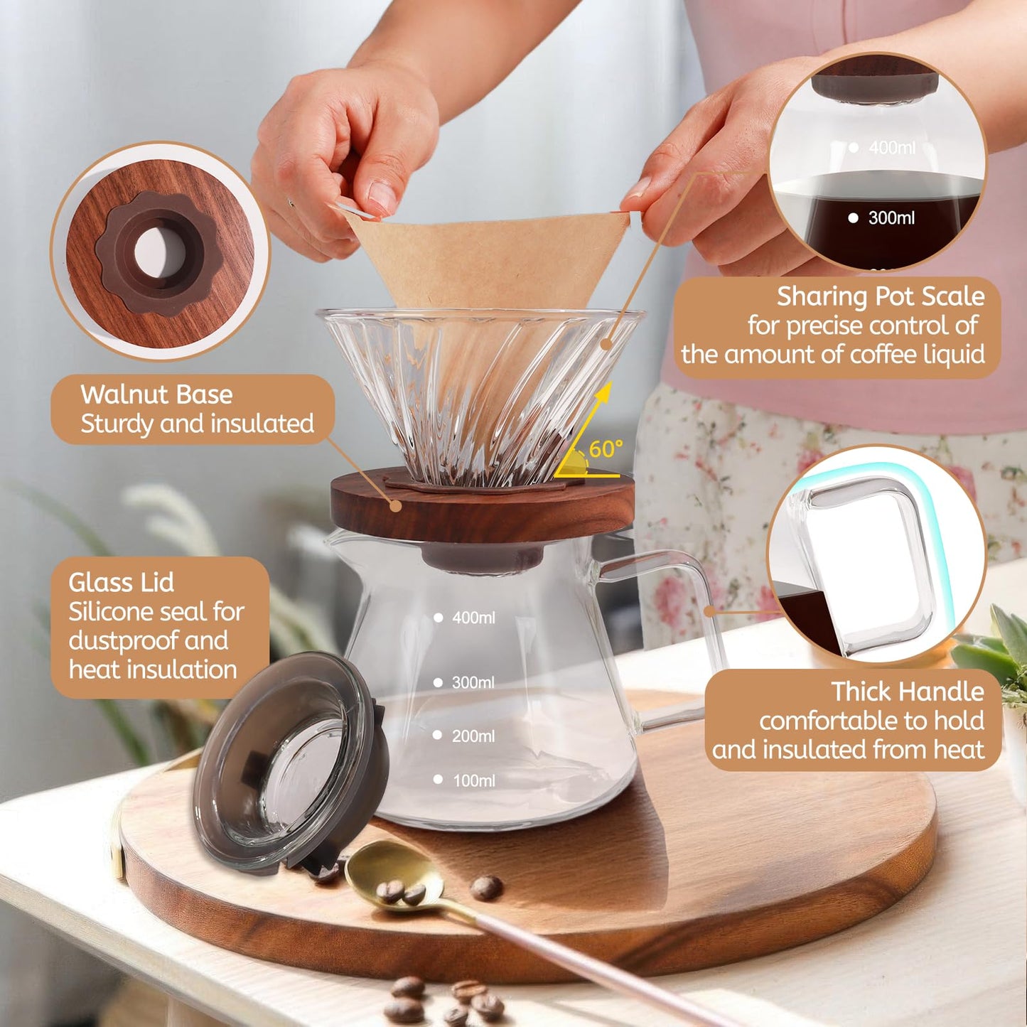 Mogrecha Pour Over Coffee Maker 400ml Borosilicate Glass Drip