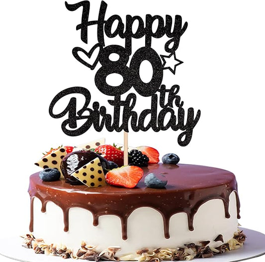 1 Pack Happy 80th Birthday Cake Topper Glitter Heart Star 80 Fabulous Cake Pick Birthday Sign Cake Decorations for 80th Birthday Theme Party Supplies Black