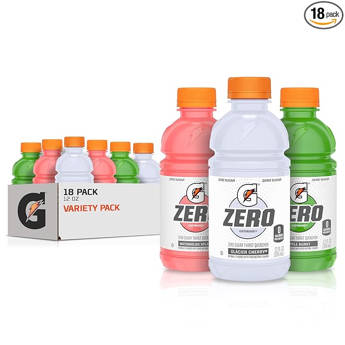Gatorade G Zero Sports Drink, Glacier Cherry, Watermelon Splash, Apple Burst Variety Pack, 12 Fl Oz (Pack of 18)