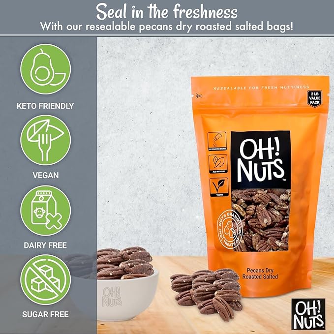 Oh! Nuts Pecans Dry Roasted Salted - All Natural Salted Pecans Halves - 2 lb Bulk Bag - Oil-Free Crunchy Snack