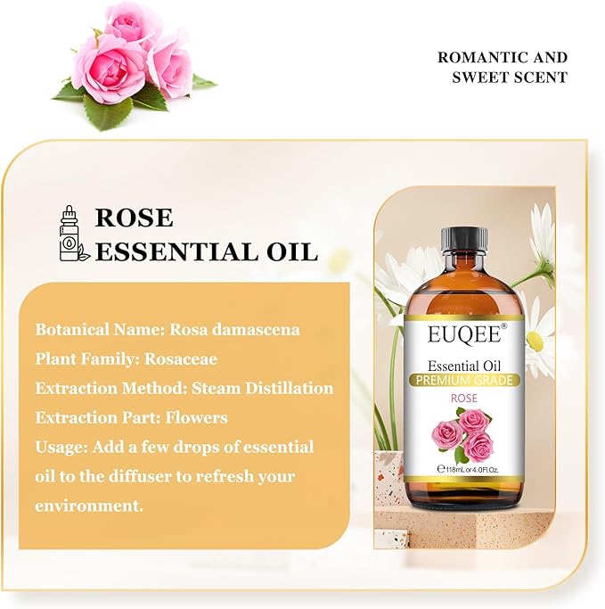 Rose Essential Oil 118mL Large Capacity Rose Oil Premium Essential Oil with Glass Dropper for Diffuser, Soap & Candle Making, Aromatherapy - 4Fl. Oz