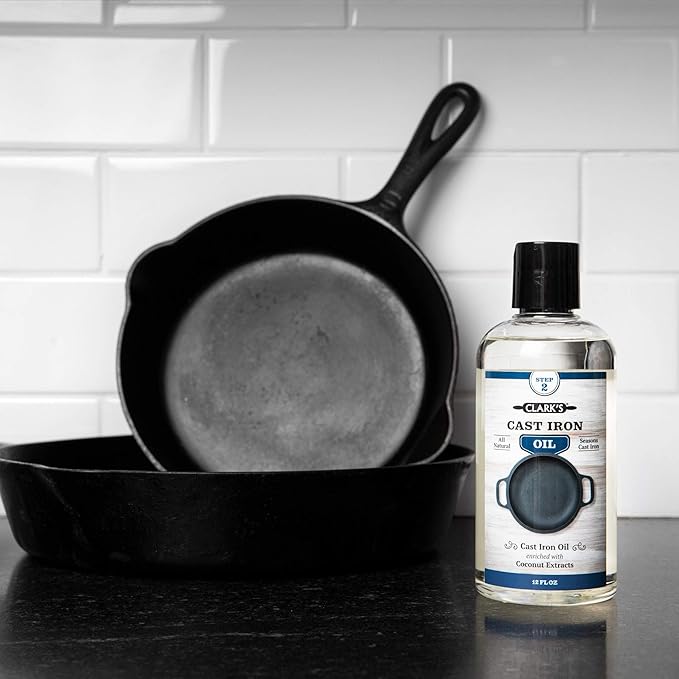 CLARK???Seasoning Oil for Cast Iron Skillets 12oz - 100% Plant-Based Coconut Oil - Mineral Oil for Skillets, Griddles - Food Grade Mineral Oil for Cookware