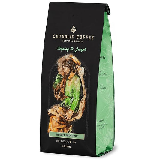 Catholic Coffee Sleeping St. Joseph | Decaf Dark Roast Ground Coffee ??Clove & Prune Notes | 12oz Bag ??Peaceful Catholic Gift for Evening Reflection