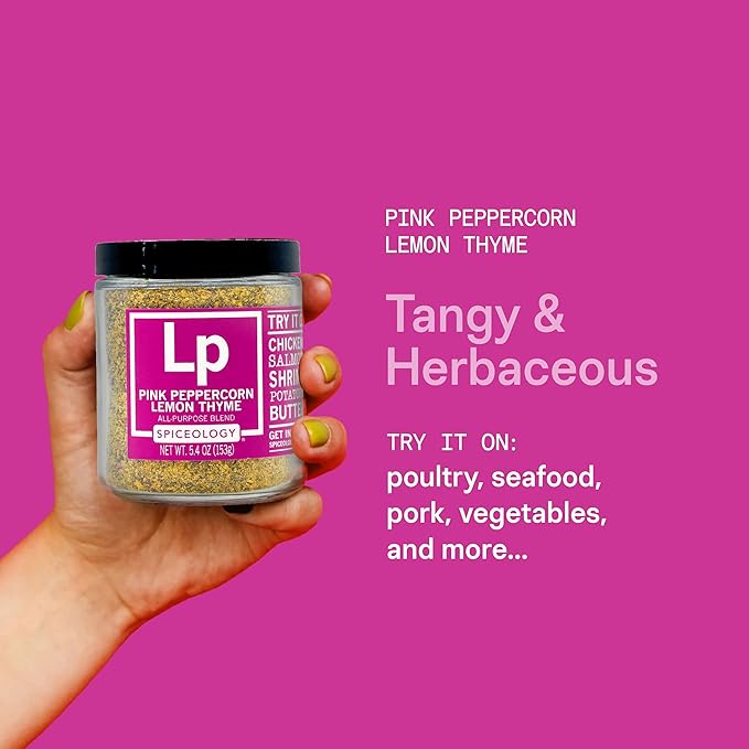 Spiceology - Pink Peppercorn Lemon Thyme - Use On: Chicken, Salmon, Shrimp, Potatoes, Butter, Vegetables, Salad Dressing - Lemon Pepper Seasoning - Vegetable Seasoning - Spices and Seasonings - 5.4 oz