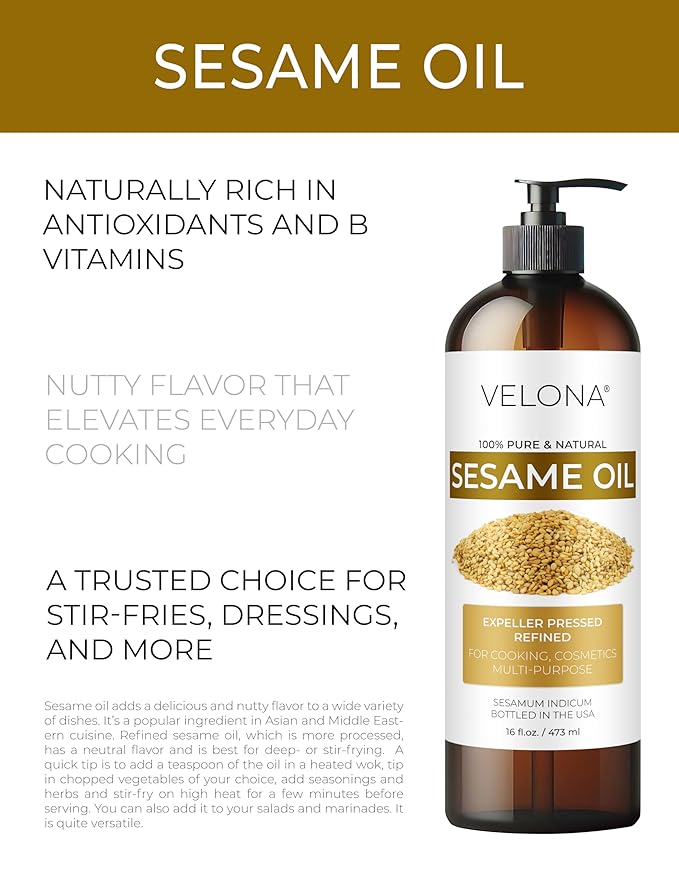 Sesame Seed Oil by Velona - 8 fl oz | 100% Pure and Natural Carrier Oil | Refined, Expeller Pressed | Cooking, Skin, Hair, Body & Face Moisturizing | Use Today - Enjoy Results