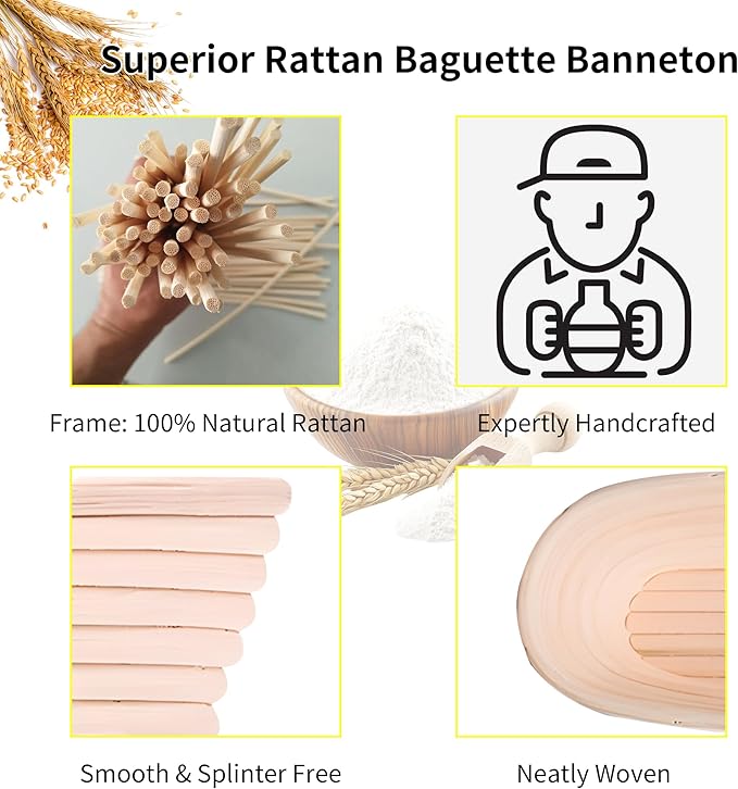Banneton Bread Proofing Basket - 15 Inch Baguette Sourdough Bread Basket with Liner - Set of 2- Natural Rattan