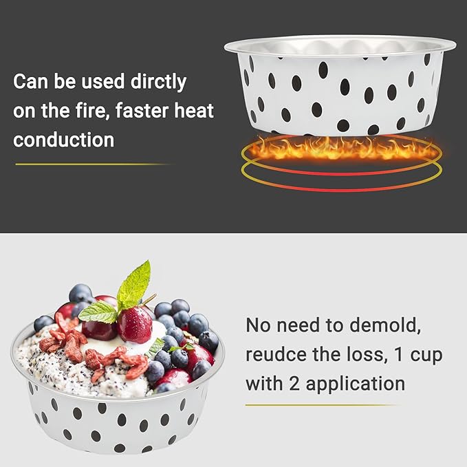 Beasea Disposable Ramekins with Lids, 8oz 100 Pack Black Dot in White Aluminum Foil Cups Disposable Creme Brulee Muffin Cupcake Baking Cup Mini Pudding Cups for Party Wedding Birthday