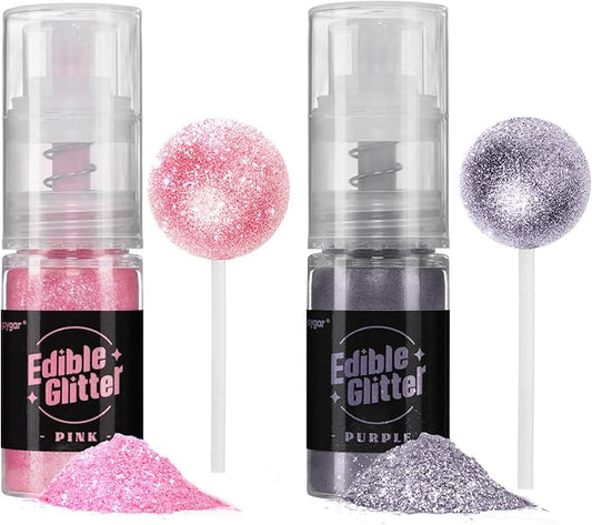 Sujoygar Edible Glitter Spray 2 Colors, Pink and Purple Edible Glitter for Cocktails, Shimmer Powder Luster Dust Edible for Cake Drink Strawberrie Cupcake Cookies Wedding Baking Decoretion, Vegan(5g/Bottle)