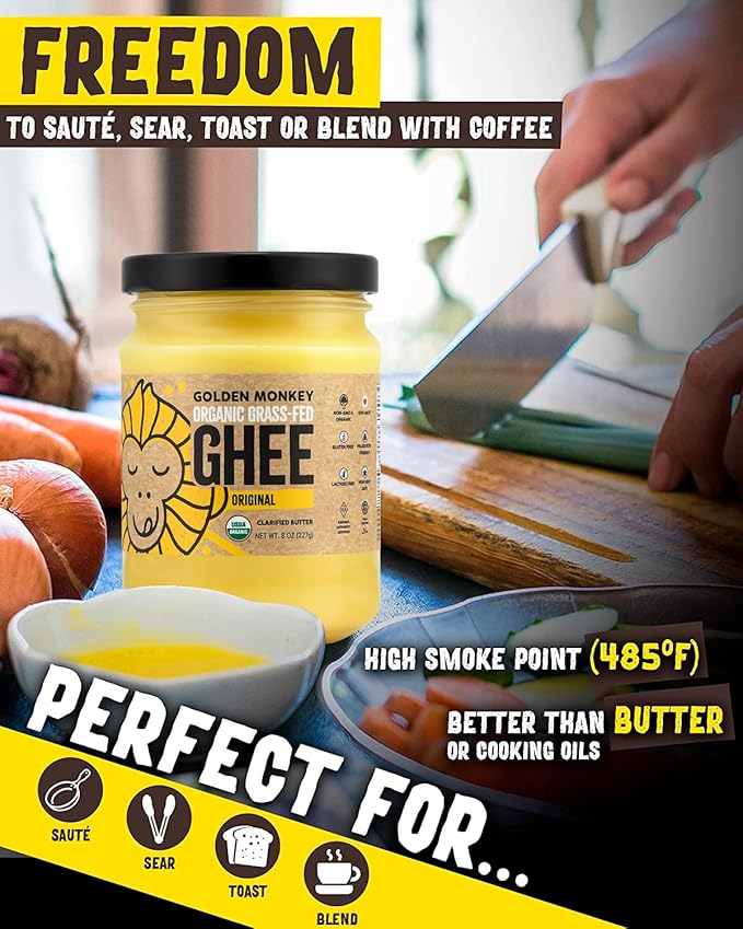 GOLDEN MONKEY Organic Ghee Butter ??Grass Fed Clarified Butter for Cooking, Baking, Keto & Gut Health ??Ghee Butter Organic Grass Fed from Small Farms ??Smooth Spread with High Smoke Point (8oz)