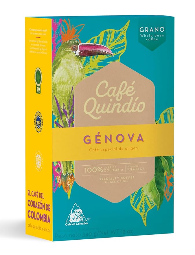 Cafe Quindio Genova Single Origin - Medium Roast 100% Colombian Excelso Whole Bean Arabica Coffee - 12 Ounce Bag (340g)