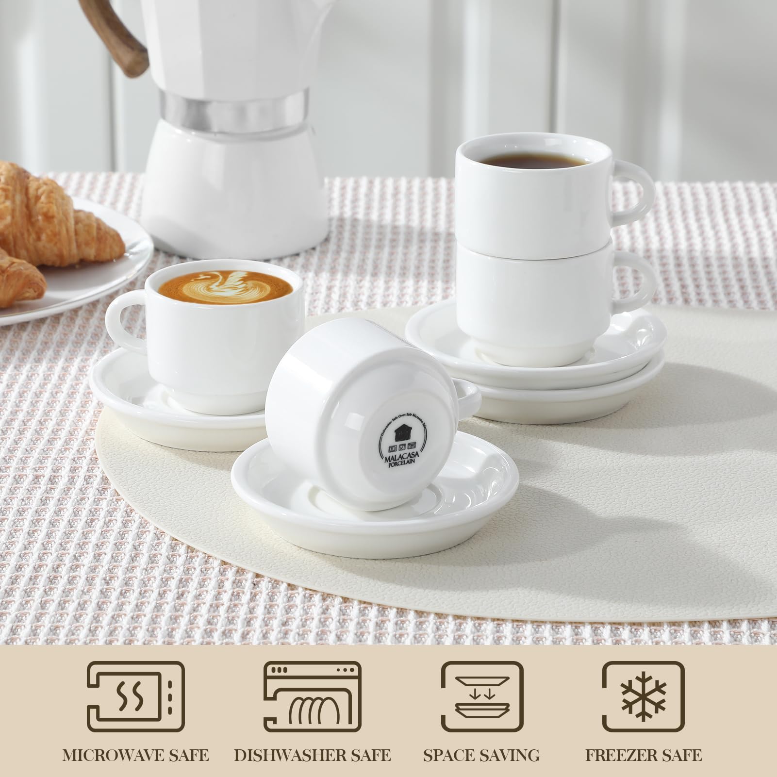 MALACASA 2.5 OZ Porcelain Espresso Cups with Saucers and Metal Stand Set of 4, Stackable Cappuccino