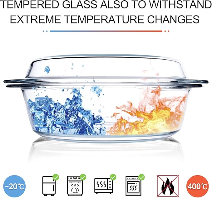 Round Tempered Glass Casserole Dish with Lid, Glass Casserole Baking Dish for Oven, Freezer and Dishwasher Safe - 3QT