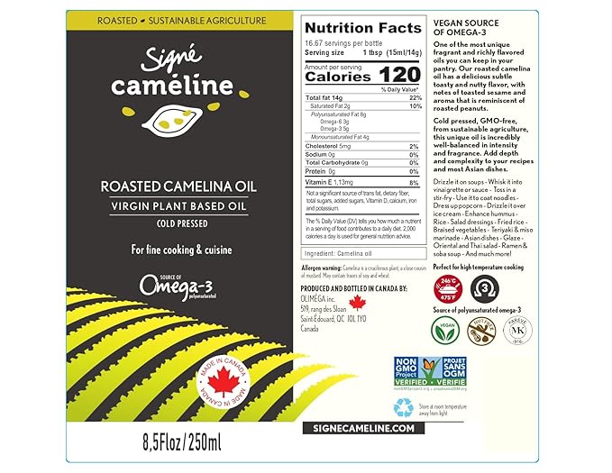 Cold-Pressed Roasted Camelina Oil, 250mL by Signé Caméline | High Smoke Point 475°F | Rich in Omega-3 | Notes of Roasted Hazelnuts and Sesame | Perfect in Asian Dishes, Ramen Noodles, Sushi & Sautés | Made in Canada | Non-GMO