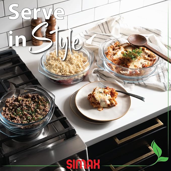 Simax Casserole Dish Set, Set of 3 Casserole Dish with Lid, Round Glass Cookware, Borosilicate Glass, Made In Europe 0.75 Quart, 1 Quart and 1.5 Quart Baking Dishes??,<div>