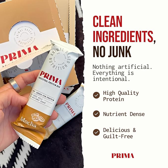 PRIMA ANCESTRAL PROTEIN BAR Grass Fed Protein Bars, 7 Pack ??Animal-Based Protein Bar with Beef Tallow, Raw Honey, Seed Oil Free, Low Carb, Gluten-Free ??Healthy, Energy Snacks for Clean Lifestyle (7 Pack, Mocha)