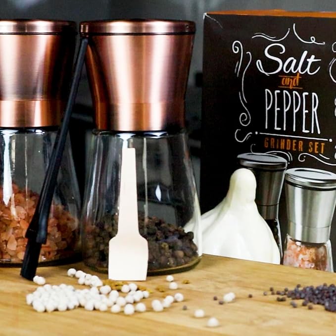 Kitchen Bliss Premium Copper Stainless Steel Salt and Pepper Grinder Set - Short Glass Shakers - Adjustable Coarseness Mills - Refillable with Himalayan Salt, Black Peppercorn - Set of 2
