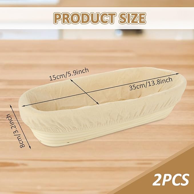 Oval Proofing Basket Set (14x6 inch), Baguette Banneton Bread Proofing Basket and Linen Liner Set for Home Baking, 2 Set