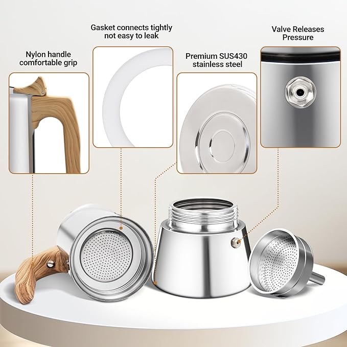 No Coating 4 Cup Moka Pot Thickened 304 Stainless Steel Stovetop Espresso Coffee Maker 200ml 6.8oz Mocha Percolator Greca Cuban Ideal for Making Rich Authentic Italian Caf챕