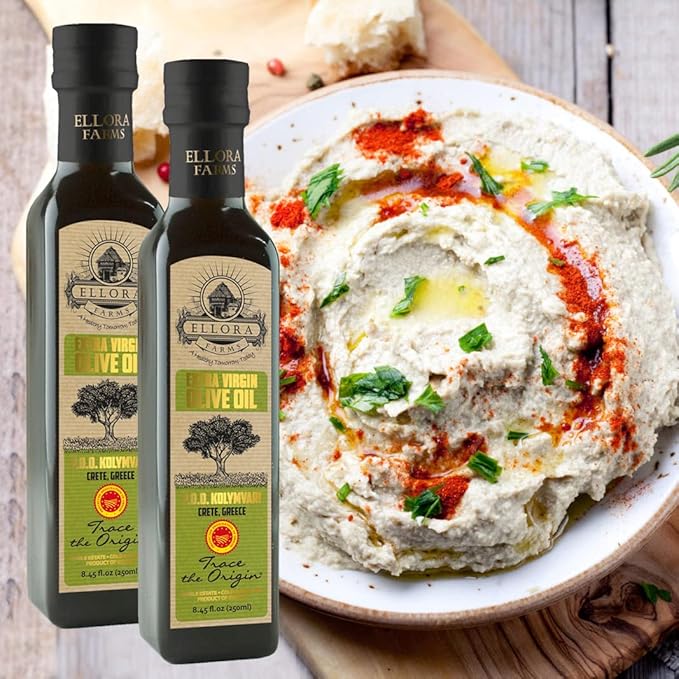 Ellora Farms, Greek Extra Virgin Olive Oil, Gold Award Winner, Single Estate traceable olive oil, 33.8 oz. Tin and 8.45 oz. Glass bottle, Combo Pack