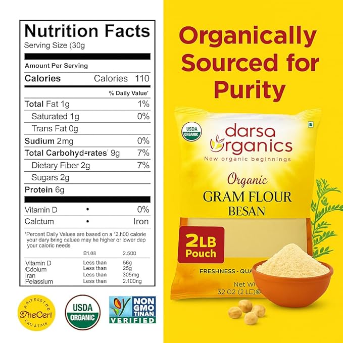 Darsa Organics Gram Flour - 2 lb Besan, Premium Grade USDA Organic Certified Chickpea Flour for Baking, Cooking & Skin Care, Chemical Free, Non-GMO, Vegan, Kosher, Ideal for Gluten Free Diets & Face Masks