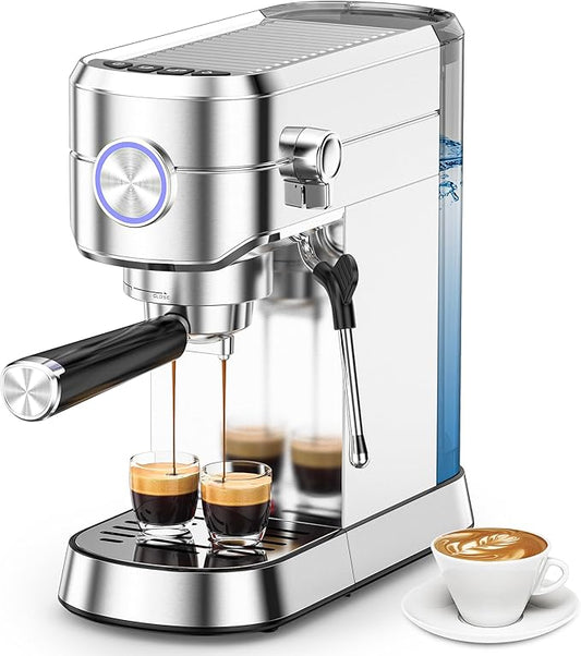 Kndko 20 Bar Espresso Machine, Professional Espresso Maker with Milk Frother Steam Wand, Compact Stainless Steel Coffee Machine with 40.5oz Removable Water Tank for Cappuccino, Latte