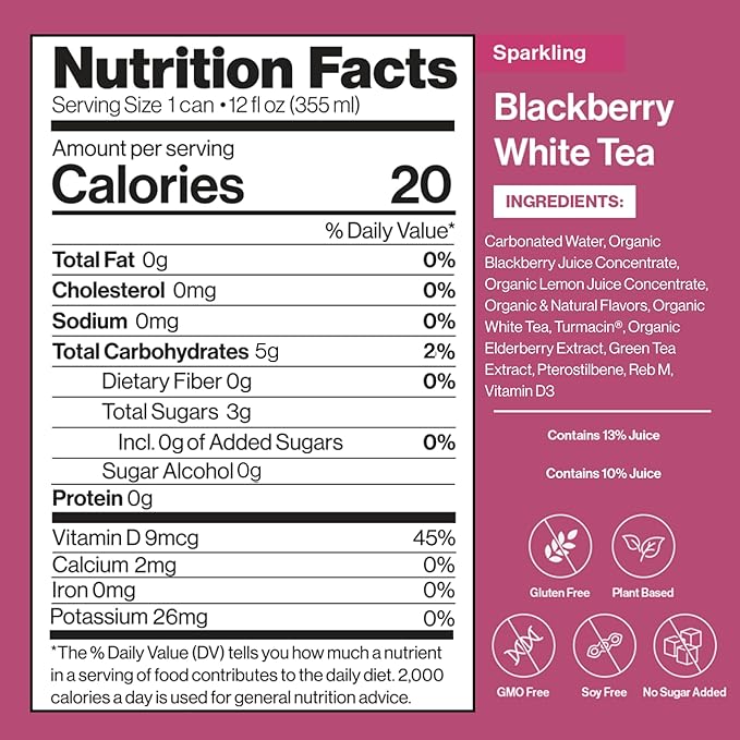 Happy Being Sparkling Nutrient-Rich Blackberry Citrus White Tea – Infused with Turmeric, Elderberry, Vitamin D3, Caffeine Free, Plant-Based, Low Calorie & Low Sugar Drinks, 12oz (16 Pack)