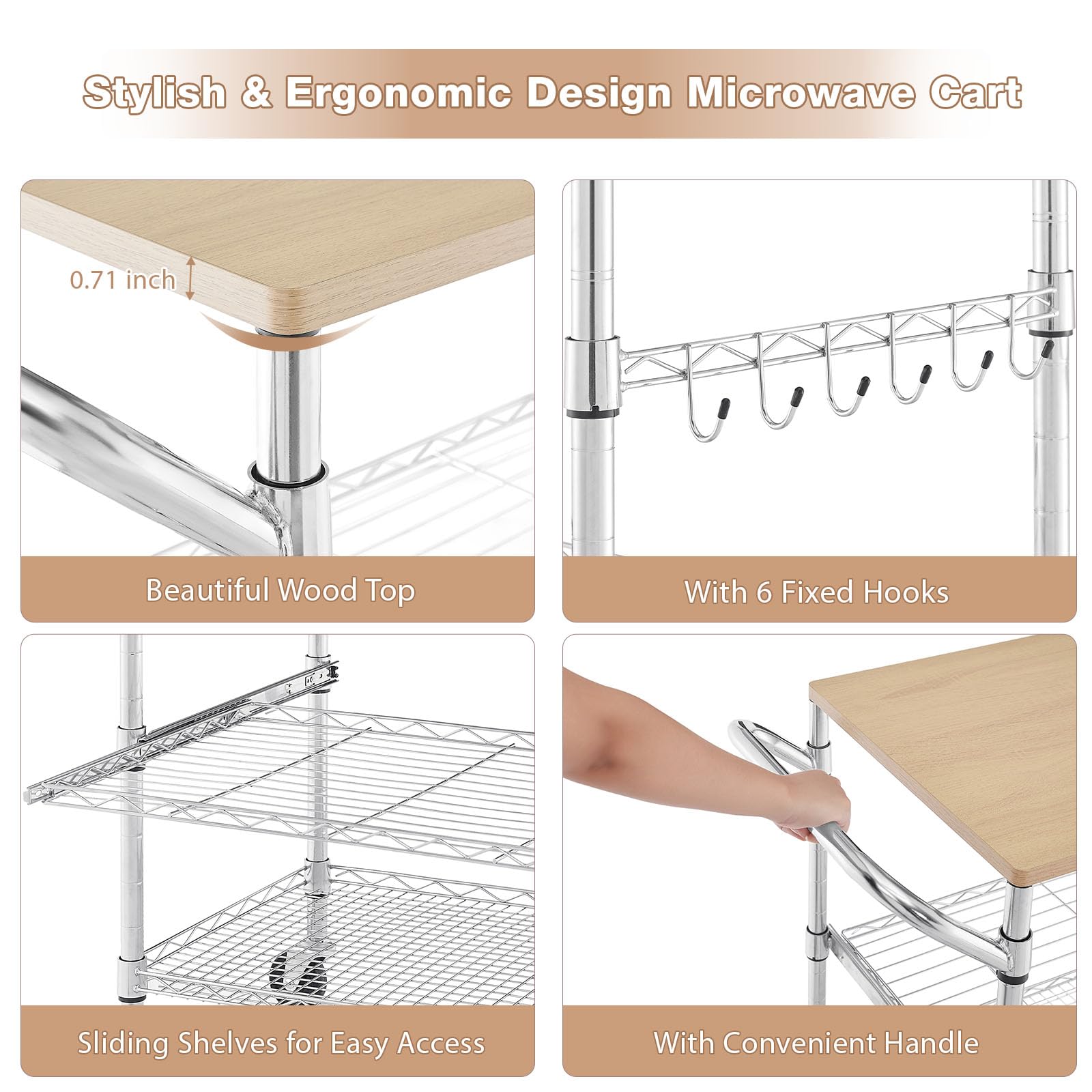 3 Tier Rolling Kitchen Cart with Wood Tabletop, Kitchen Island Carts with Wheels & Slider Shelf