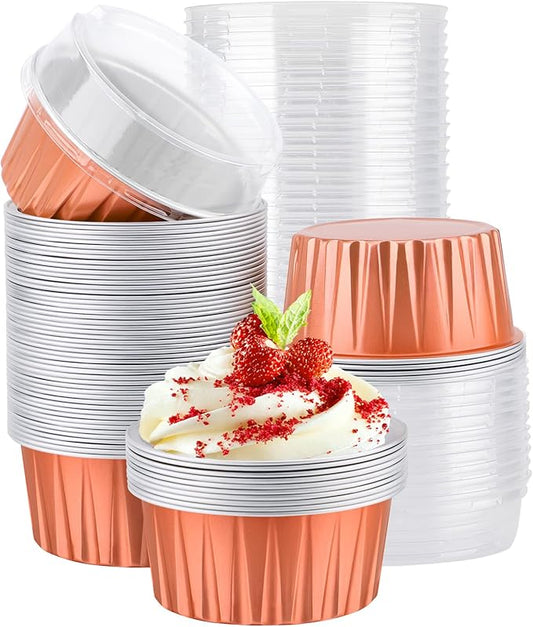 EUSOAR Cupcake Liners for Baking, 60pcs 5oz Foil Ramekins with Lids Dessert Containers, Disposable Mini Foil Cupcake Liners Ramekins Cups with Lids for Oven Baking in Wedding Birthday Party-Orange
